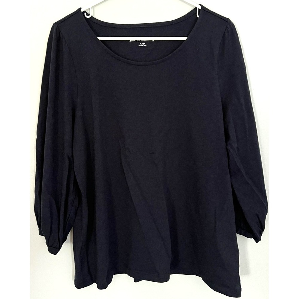 Soft Surroundings Shirt Women XL Navy Blue 100% Cotton 3/4 Sleeve Scoop Neck NWT